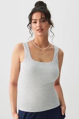 Ardene Basic Rib Square Neck Tank Top in Light Grey | Size XS | Cotton/Elastane | Eco-Conscious