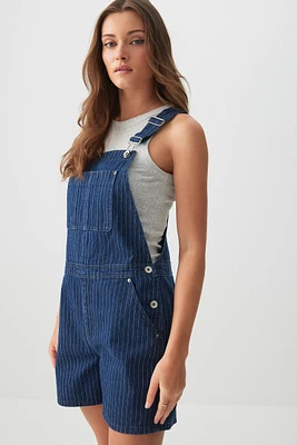 Ardene Striped Denim Overall Shorts in Dark Blue | Size | 100% Cotton