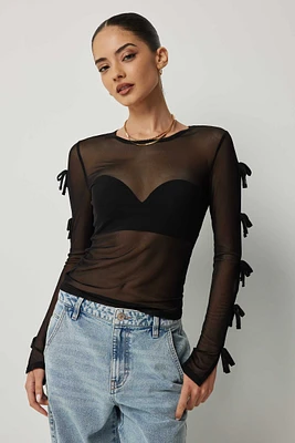 Ardene Bow Sleeve Mesh Top in Black | Size Small | Polyester/Spandex