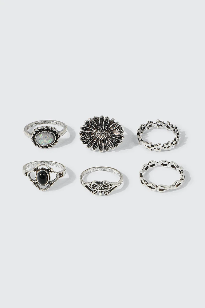 Ardene 6-Pack Antic Silver Assorted Rings | Size
