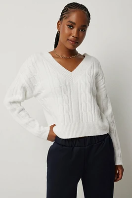Ardene Short Cable Knit Sweater in White | Size Large | Polyester/Spandex