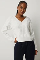 Ardene Short Cable Knit Sweater in White | Size Large | Polyester/Spandex