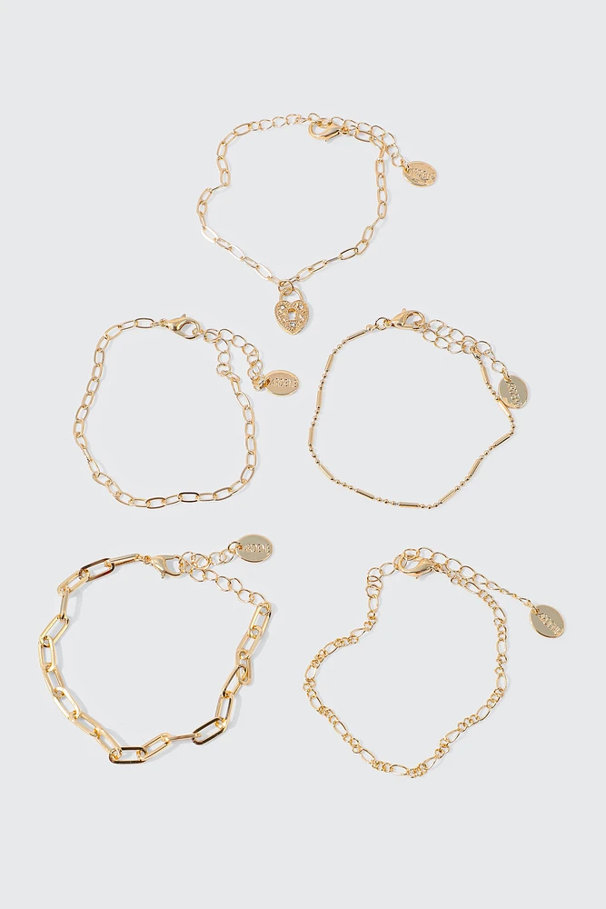 Ardene 5-Pack of Chain Bracelets with Padlock Charm in Gold