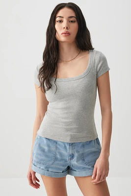 Ardene Crop Scoop Neck T-Shirt in | Size | Cotton/Elastane