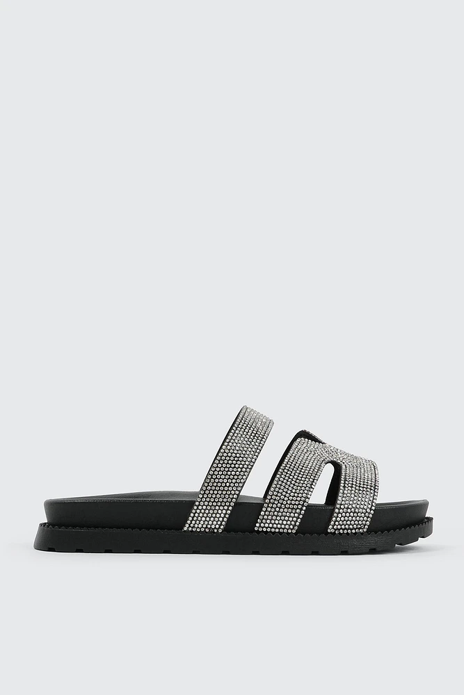Ardene Rhinestone H-Strap Sandals in Black | Size