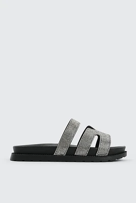 Ardene Rhinestone H-Strap Sandals in Black | Size