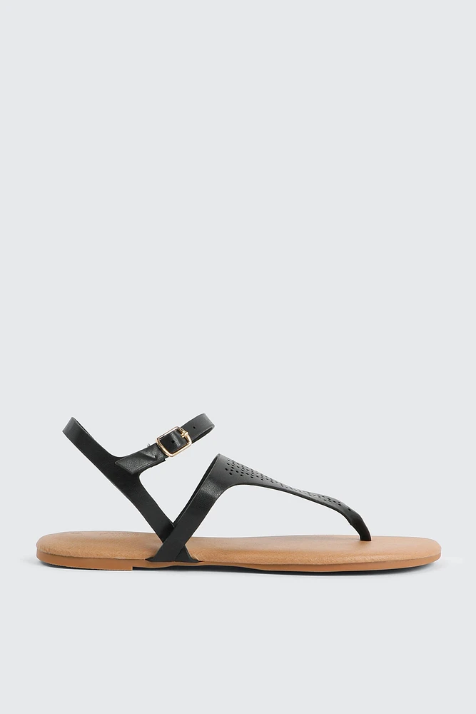 Ardene Laser Cut T-Strap Sandals in | Size | Faux Leather | Eco-Conscious