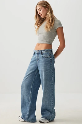 Ardene Low Rise Wide Leg Jeans in Medium Blue | Size | 100% Cotton