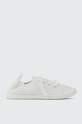Ardene Slip On Sneakers with Floral Embroideries in White | Size