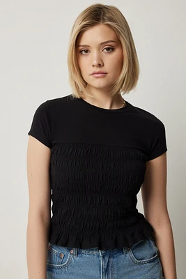 Ardene Smocked Jersey Top in Black | Size | Cotton/Elastane