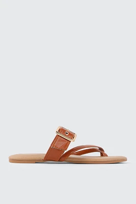 Ardene Toe Loop Flat Sandals with Chunky Buckle in Cognac | Size | Faux Leather | Eco-Conscious