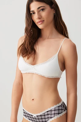 Ardene Everyday Lace Trim Seamless Rib Bralette in White | Size Small | Nylon/Elastane