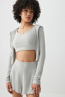 Ardene Crop Soft Rib Hoodie in Grey | Size | Polyester/Spandex