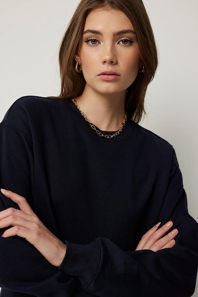 Ardene Solid Crew Neck Sweatshirt in Nebula Night | Size | Polyester/Cotton | Fleece-Lined | Eco-Conscious