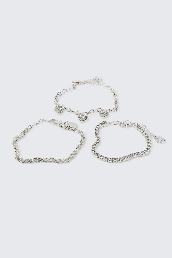 Ardene 3-Pack Bracelets with Heart Charms in Silver