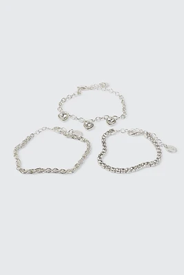 Ardene 3-Pack Bracelets with Heart Charms in Silver