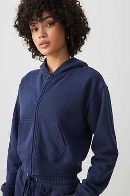 Ardene French Terry Crop Zip Up Hoodie in Dark Blue | Size | Polyester/Cotton | Eco-Conscious