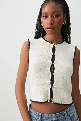 Ardene Crop Contrast Trim Button Front Sweater Vest in White | Size Large | Cotton