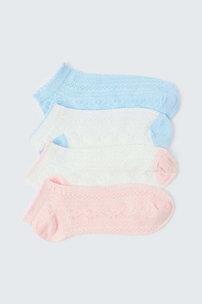 Ardene 4-Pack Embossed Heart Ankle Socks in Light Blue | Polyester/Spandex