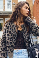 Ardene Leopard Crew Neck Cardigan in Brown | Size XS | Polyester/Elastane