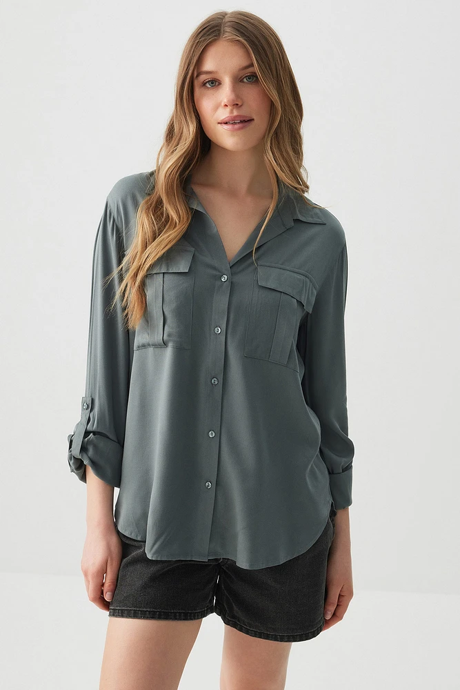 Ardene Utility Shirt in Dark Green | Size Medium | Rayon