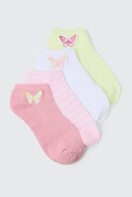 Ardene 4-Pack Striped & Butterfly Ankle Socks in Light Pink | Polyester/Spandex