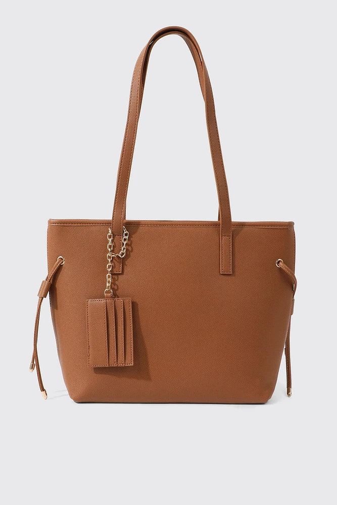 Ardene Tote Bag with Cardholder in Cognac | 100% Recycled Polyester/Faux Leather | Eco-Conscious