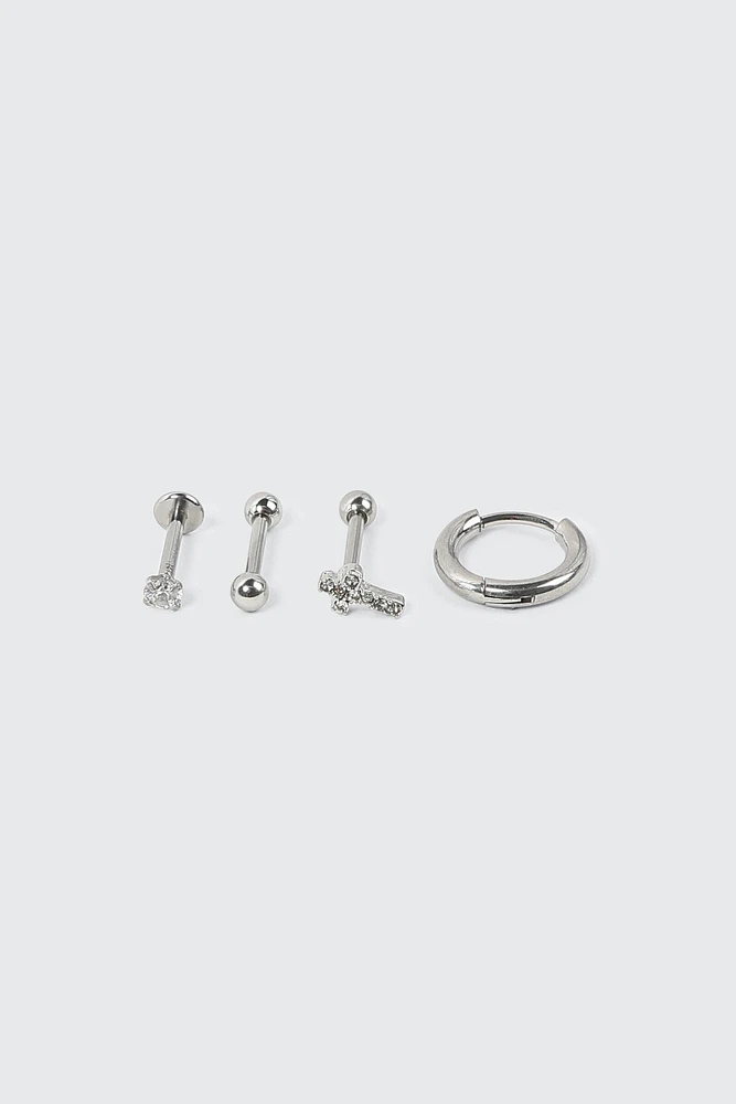 Ardene 4-Pack Cartilage Piercings with Cross Detail in Silver