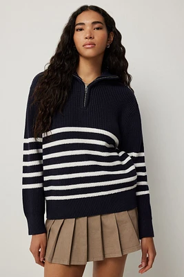 Ardene Striped Half Zip Sweater in Dark Blue | Size Large | 100% Cotton