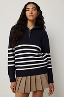 Ardene Striped Half Zip Sweater in Dark Blue | Size Large | 100% Cotton