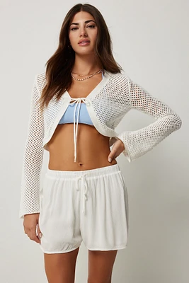 Ardene Tie Front Crochet Cardigan in White | Size | 100% Cotton
