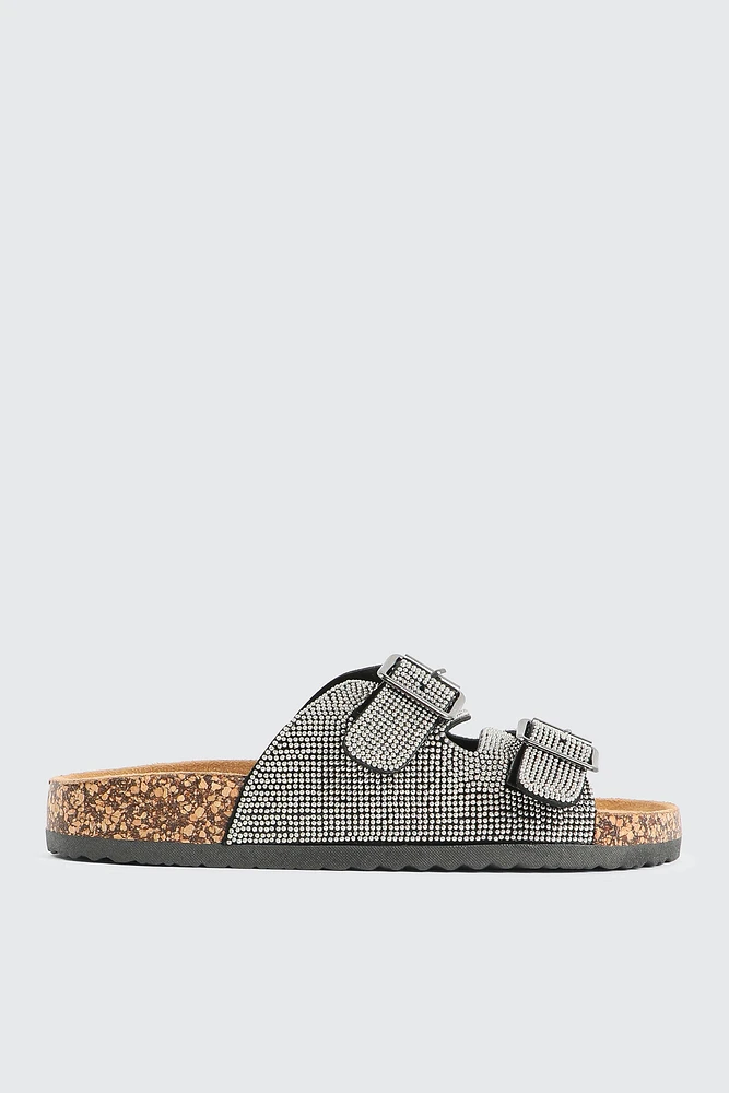 Ardene Two-Buckle Embellished Sandals in Silver | Size | Faux Suede