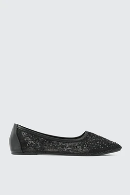 Ardene Embellished Floral Mesh Flats in Black | Size