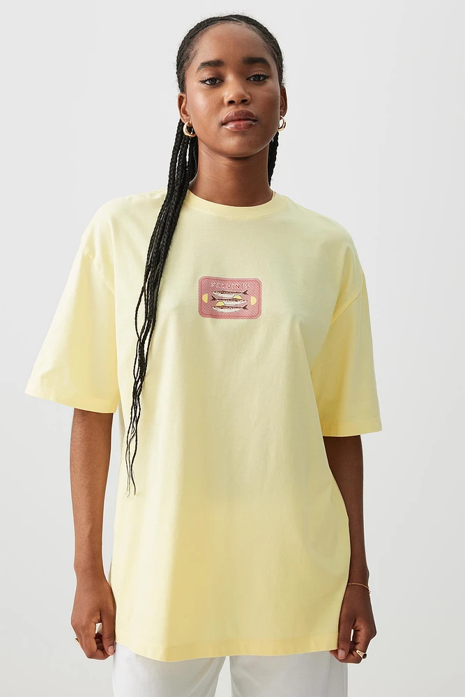 Ardene Oversized Graphic T-Shirt in Light Yellow | Size | 100% Cotton