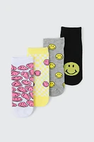 Ardene 4-Pack Smiley Ankle Socks in Light Yellow | Polyester/Spandex