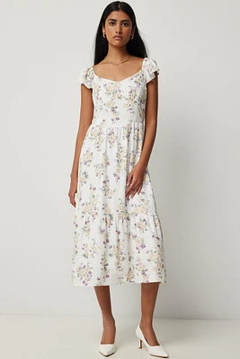 Ardene Floral Sweetheart Midi Dress in White | Size XS | 100% Viscose