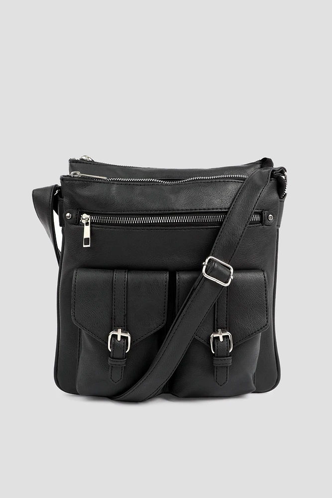 Ardene Multi Pocket Crossbody Bag in Black | Faux Leather/Polyester