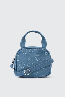 Ardene Kids Heart Print Denim Crossbody Bag in Medium Blue | Polyester