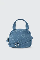 Ardene Kids Heart Print Denim Crossbody Bag in Medium Blue | Polyester
