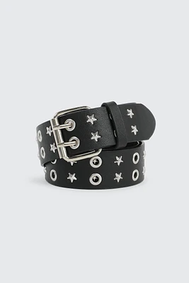 Ardene Star Eyelet Belt in Black | Size Small | Faux Leather