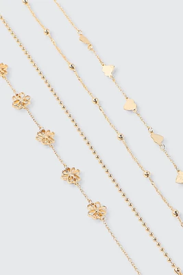 Ardene 3-Pack of Heart & Flower Anklets in Gold