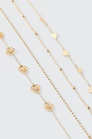 Ardene 3-Pack of Heart & Flower Anklets in Gold