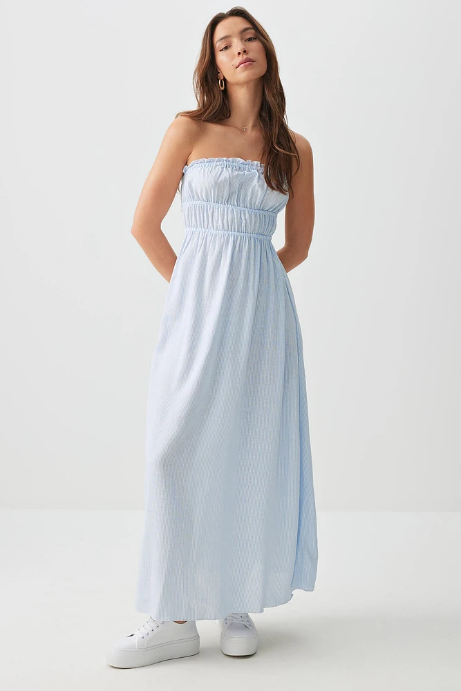 Ardene Striped Linen Blend Tube Dress in Light Blue | Size | Cotton/Viscose