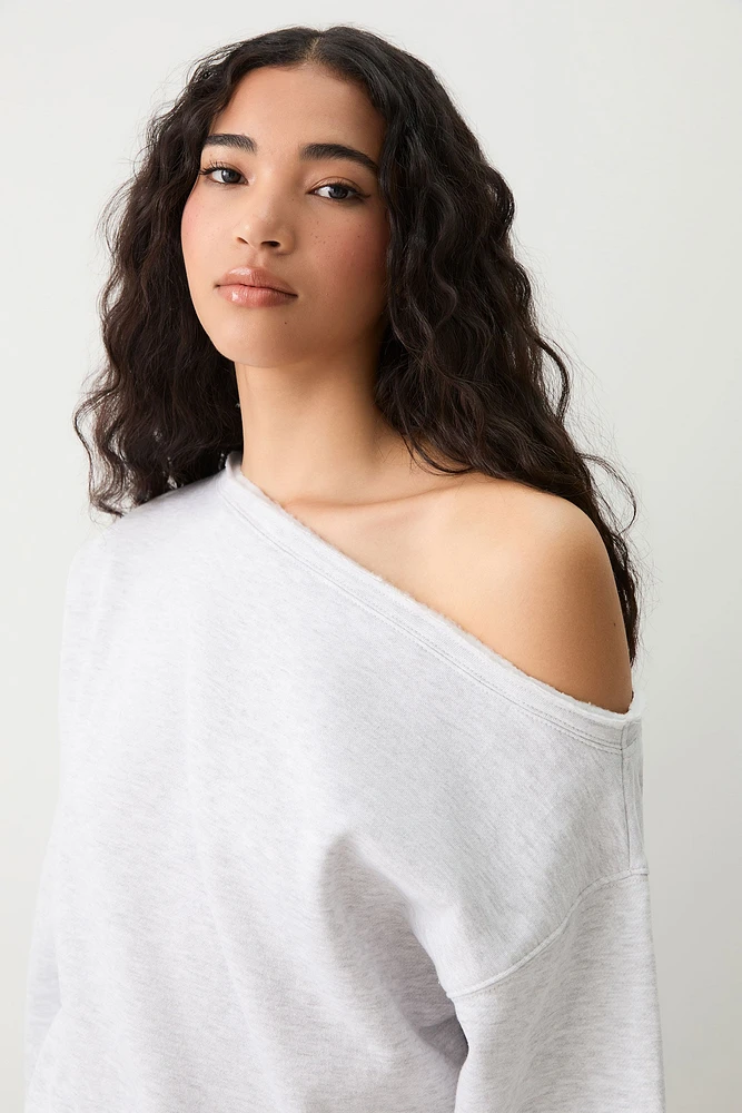 Ardene Off Shoulder Sweatshirt in Light Grey | Size Small | Polyester/Cotton | Fleece-Lined