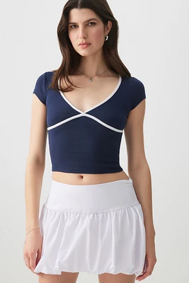 Ardene Deep V-Neck Cap Sleeve T-Shirt in Dark Blue | Size | Cotton/Elastane