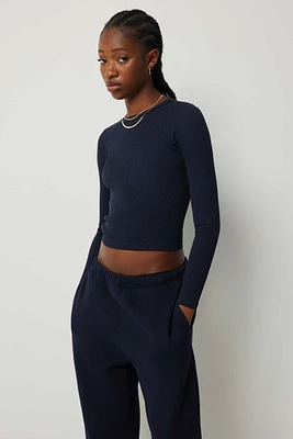 Ardene Seamless Crop Long Sleeve T-Shirt in Dark Blue | Size Large | Polyester/Nylon/Elastane | Eco-Conscious