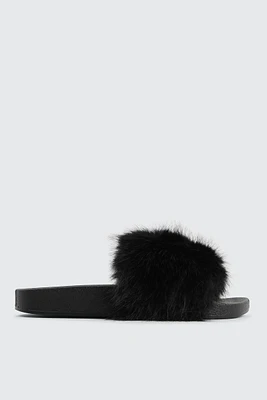 Ardene Faux Fur Slides in Black | Size