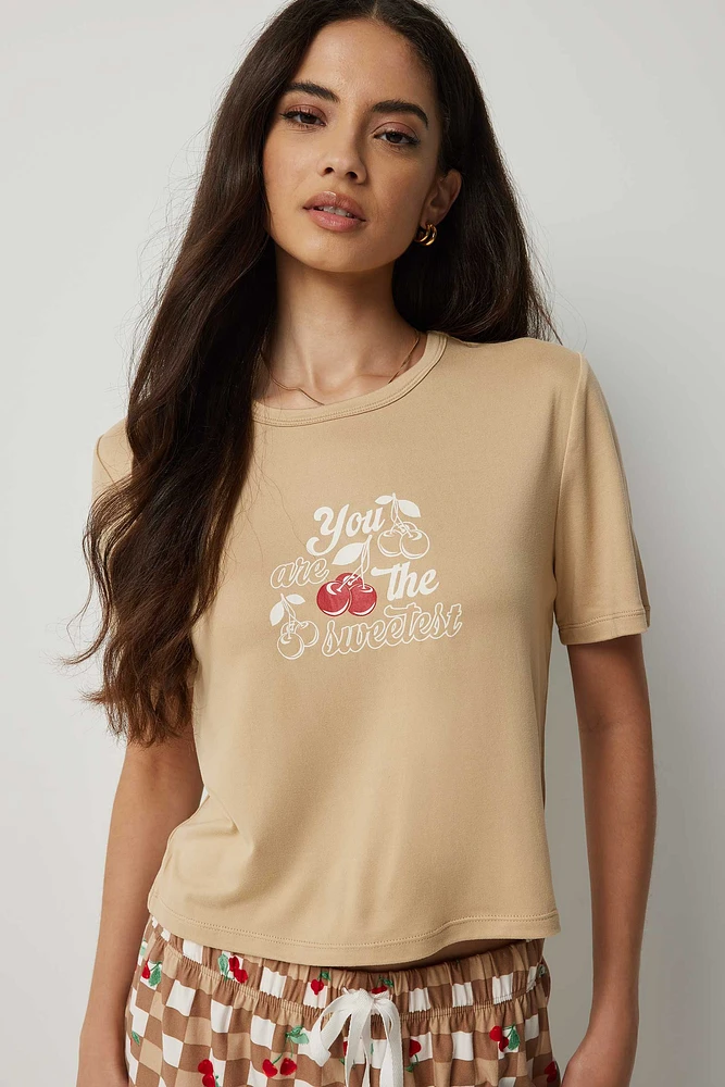 Ardene Graphic Boxy PJ Top in Beige | Size Small | Polyester/Spandex