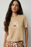 Ardene Graphic Boxy PJ Top in Beige | Size Small | Polyester/Spandex
