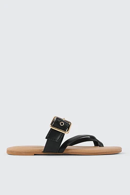 Ardene Toe Loop Flat Sandals with Chunky Buckle in | Size | Faux Leather | Eco-Conscious